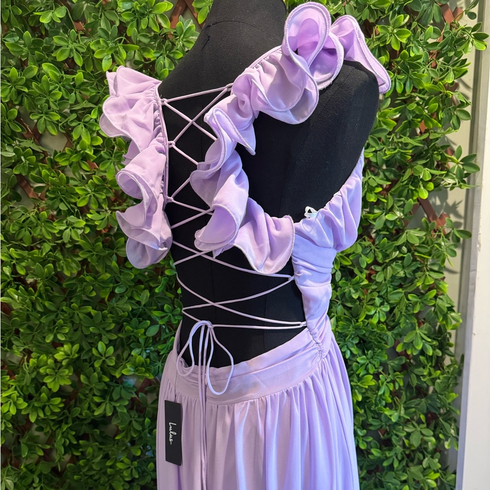 NWT- Soiree Celebration Purple Ruffled Lace-Up Dress - Picture 16 of 16